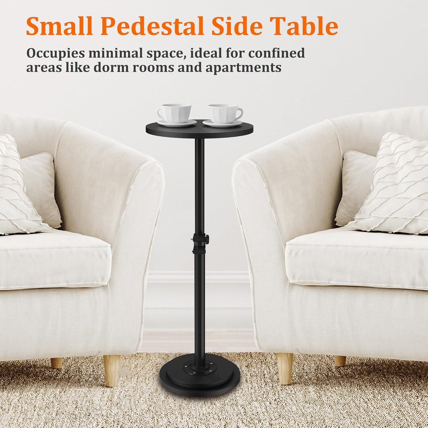 2Pack Drink Table, Small Round Side Table - 360° Swivel Height Adjustable for Small Spaces, Pedestal Martini for Sofa Couch, Living Room, Bedroom, Black
