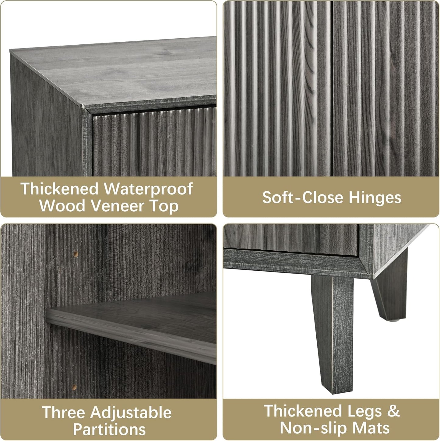 Fluted Cabinet with Storage, Buffet Storage with 4 Doors, Buffet Sideborad Accent Cabinet with Adjustable Shelves for Living Room, Kitchen, Entry, Hallway, Black&Grey