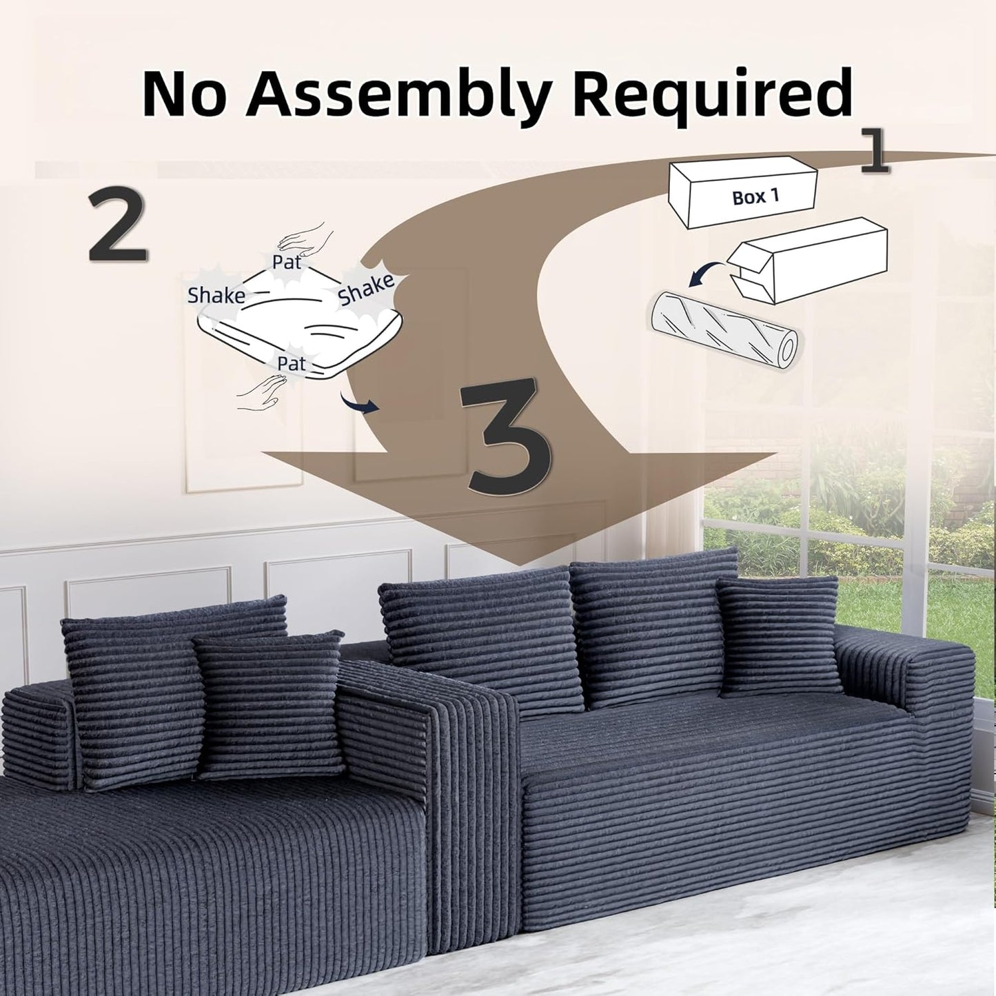 Cloud Sectional Couch, 104”L-Shape Large Oversized Sofa with Right Chaise Lounge, Modular Sleeper Couch with Pillows & Deep Seat, Flannel Velvet Compressed Sofa for Living Room, Dark Gray