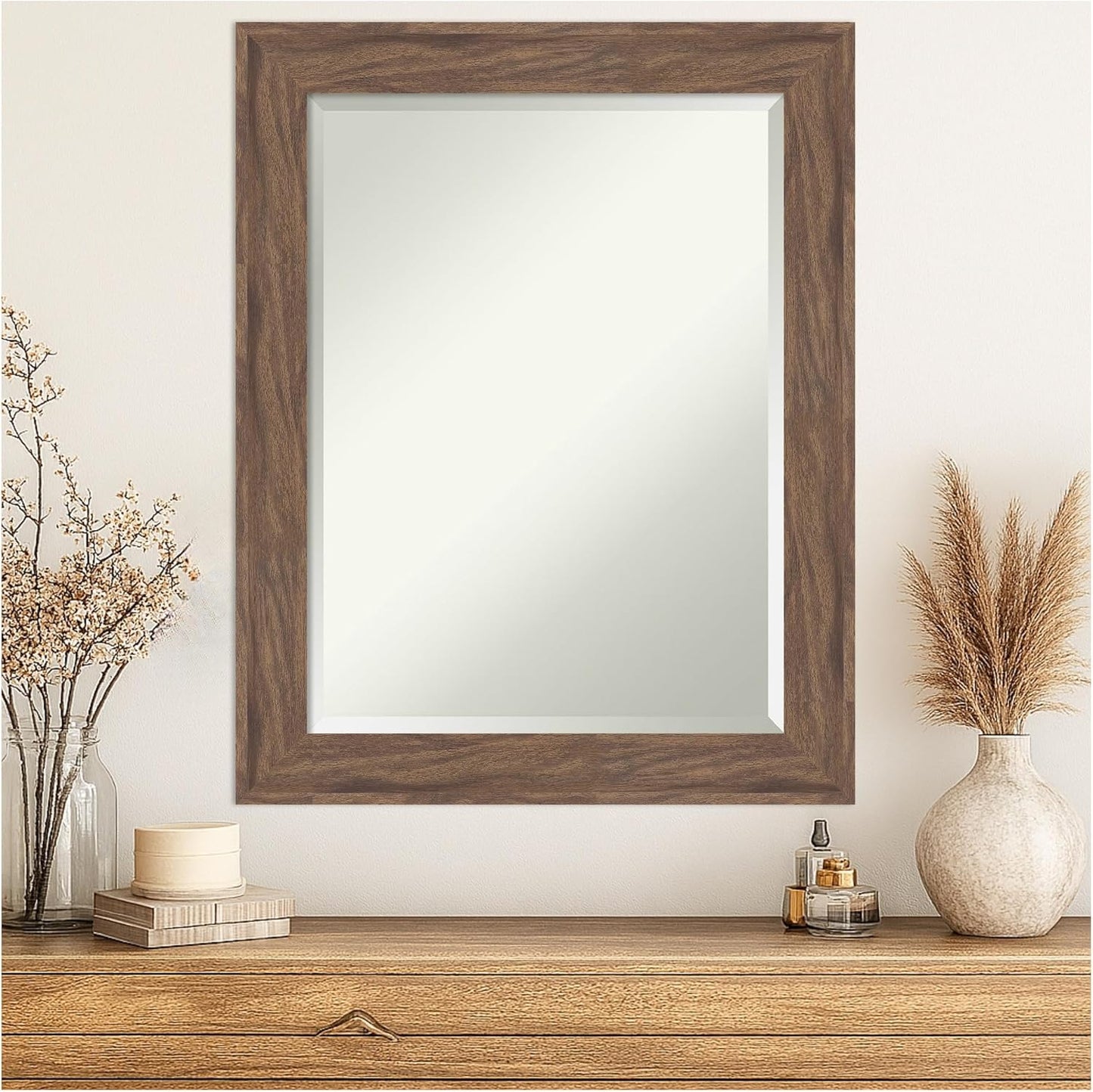 Amanti Art Brown Wall Mirror 29x23 Pia Medium Brown Rectangle Bathroom Mirror for Wall Decor Living Room, Medium Casual Frame, Hangs Horizonally and Vertically, Bathroom Decor, Beveled Edge