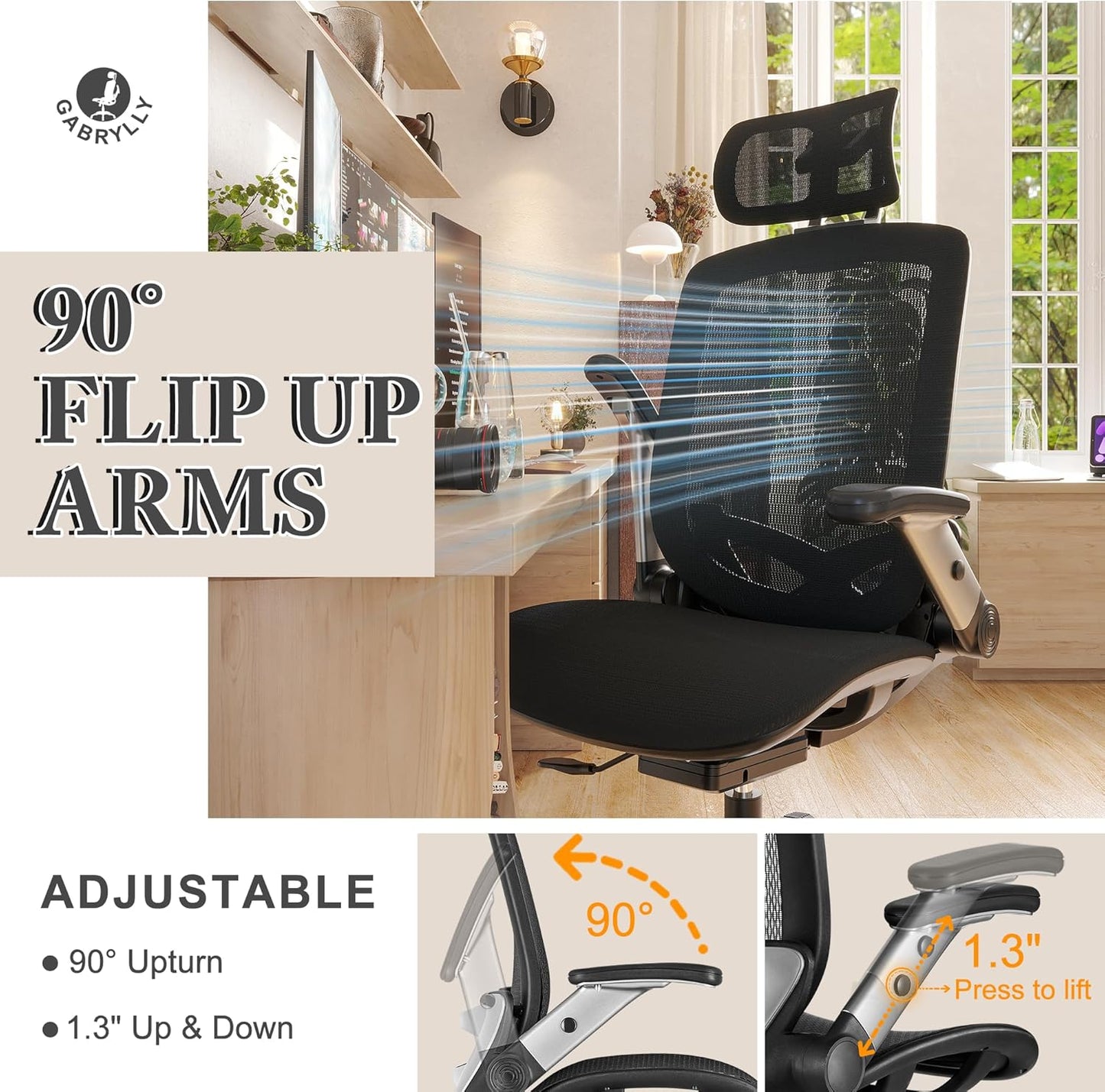 GABRYLLY Ergonomic Office Mesh Chair, High-Back Desk Chair with Sliding Seat, Adjustable Flip-up Armrest & 2D Headrest, 4-Gear Tilt Function, Swivel Computer Gaming Chairs for Man Woman