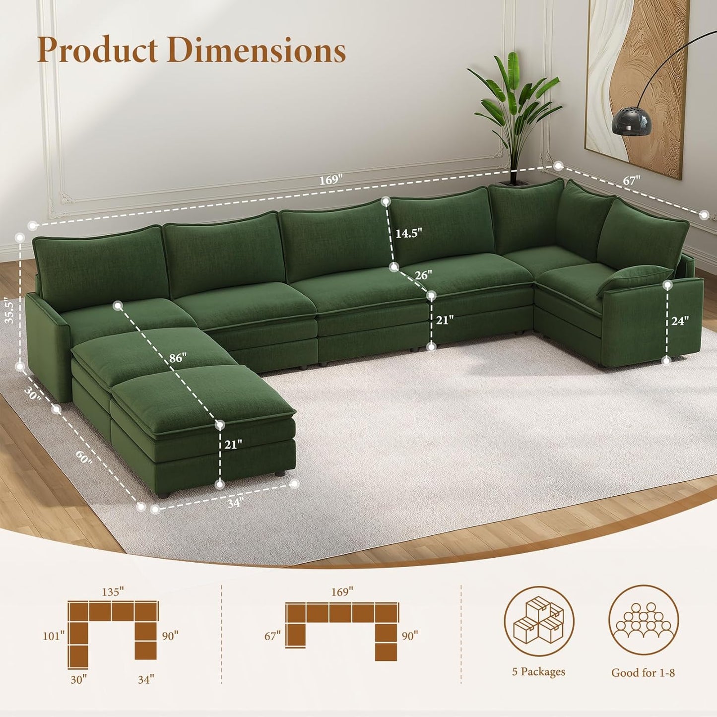 Vesgantti Large Modular Sectional Sofa, Big Comfy Cloud Couch with Ottoman Deep Seat Chenille Cloud Sofa, 8 Seater Large Sectional Couches for Living Room, Bedroom and Apartment, Green