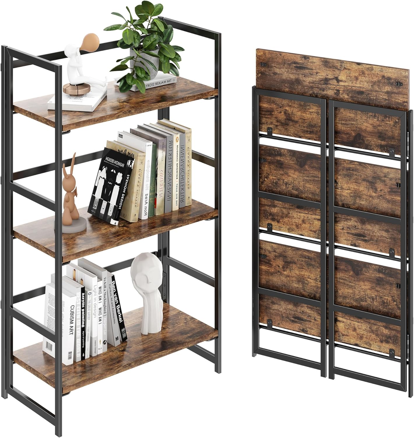 BHG Vintage Multifunctional Folding Bookshelf, No-Assembly Plant Stand Storage Rack Shelves for Home Office (Fire, 3-Tier)