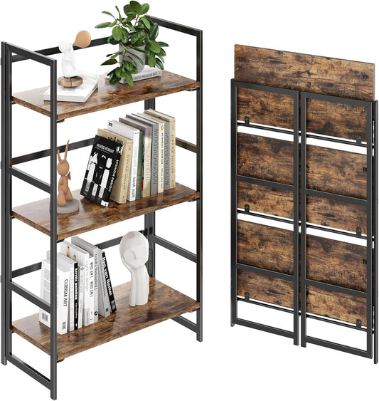 BHG Vintage Multifunctional Folding Bookshelf, No-Assembly Plant Stand Storage Rack Shelves for Home Office (Fire, 3-Tier)