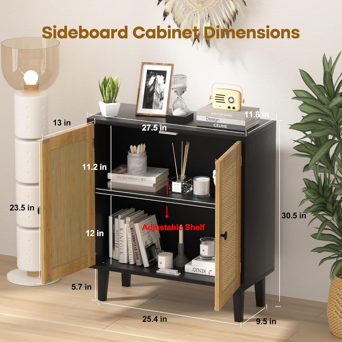 Bamboo Sideboard Buffet Cabinet with Rattan 2 Doors Kitchen Cupboard Accent Entryway Living Room Cabinet Black