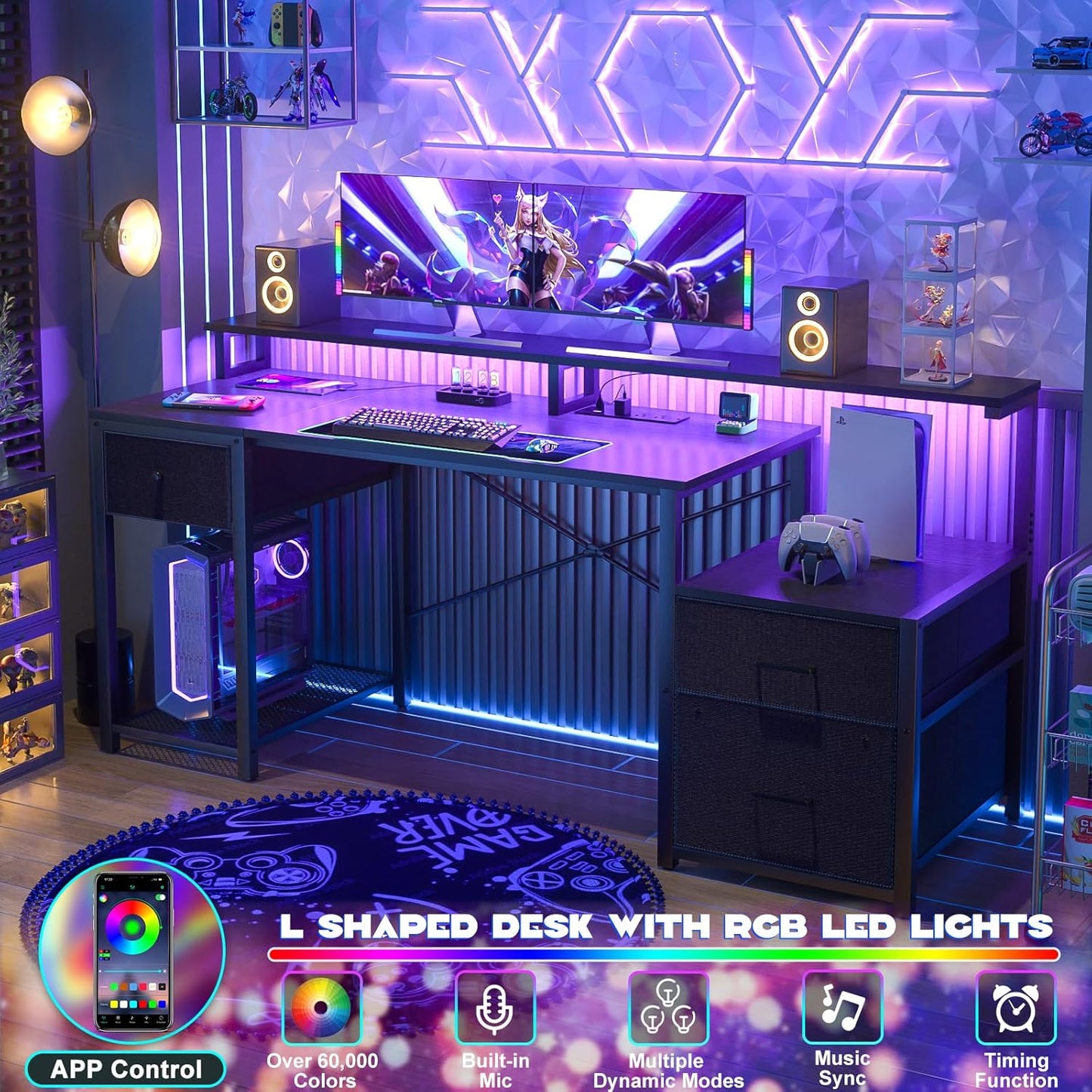 Aheaplus Computer Desk with 3 Drawers, Home Office Desk with File Drawer & Power Outlet, 59'' Gaming Desk with Led Lights, Long Work Desk with Storage Shelves, Printer Cabinet and Monitor Shelf, Black