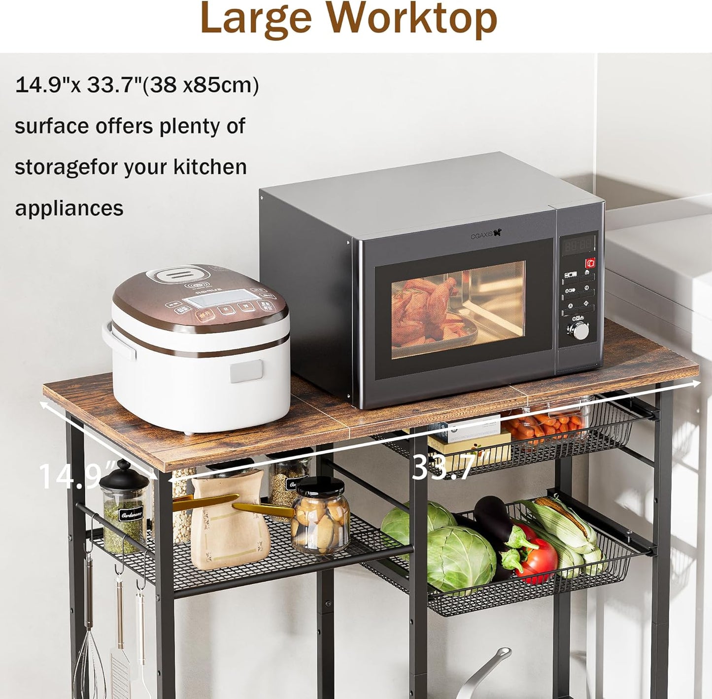 Kitchen Baker’s Rack, Microwave Stand with 2 Mesh Basket, Coffee Bar, 6 S-Shaped Hook, for Kitchen Storage Shelf, Living Room, Rustic Brown and Black