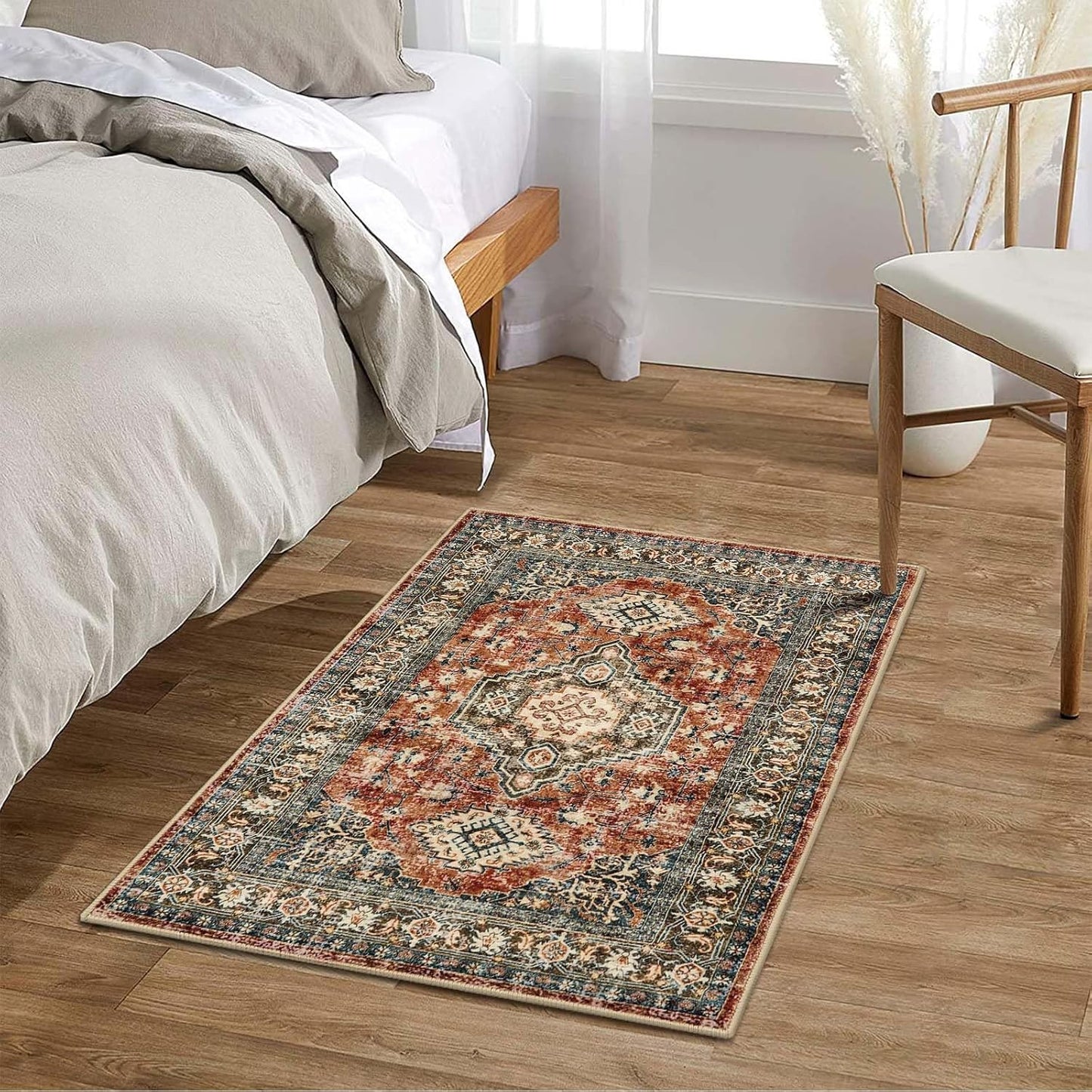 Lahome Oriental Washable Small Area Rug, 2x3 Rugs for Entryway Kitchen, Ultra-Thin Soft Indoor Door Mat Non Slip Throw Carpet for Bedroom Bathroom, Brick Red