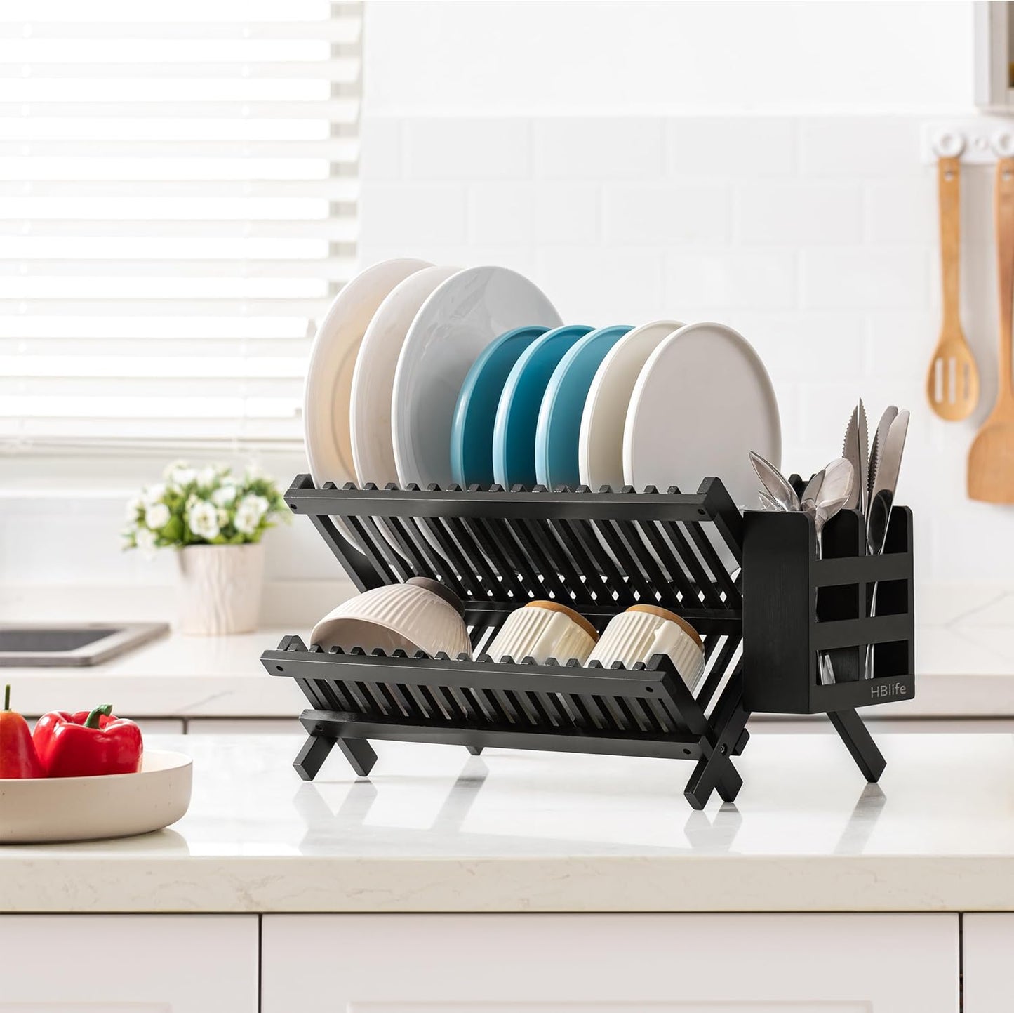 HBlife Dish Rack, Black Bamboo Folding 2-Tier Collapsible Drainer Dish Drying Rack with Utensils Flatware Holder Set (Dish Rack with Utensil Holder)