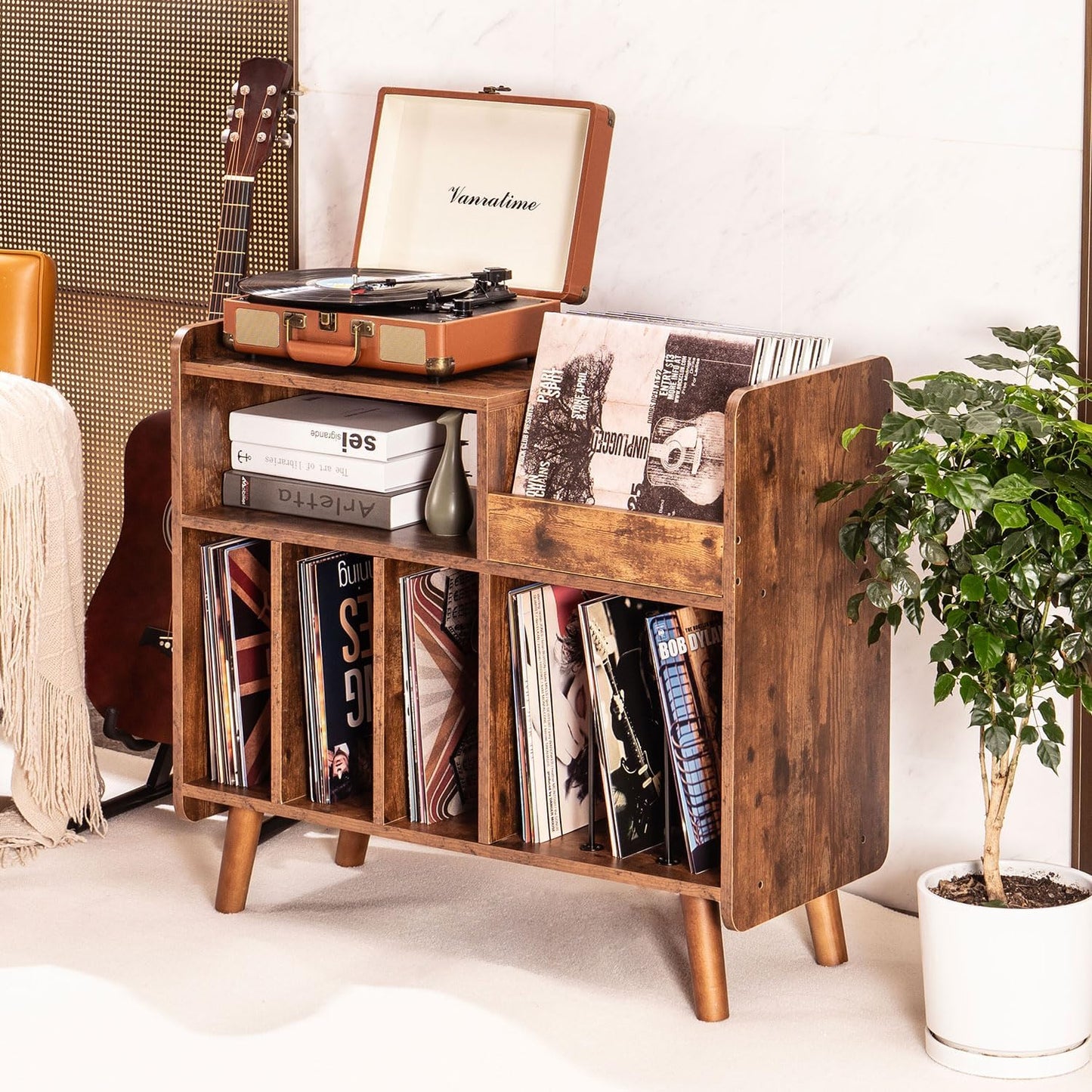 Record Player Stand, Large Record Player Table Cabinet with Open Vinyl Storage and Display Shelf Holds up to 350 Albums, Mid Century Wood Turntable for Living Room, Bedroom (Brown)