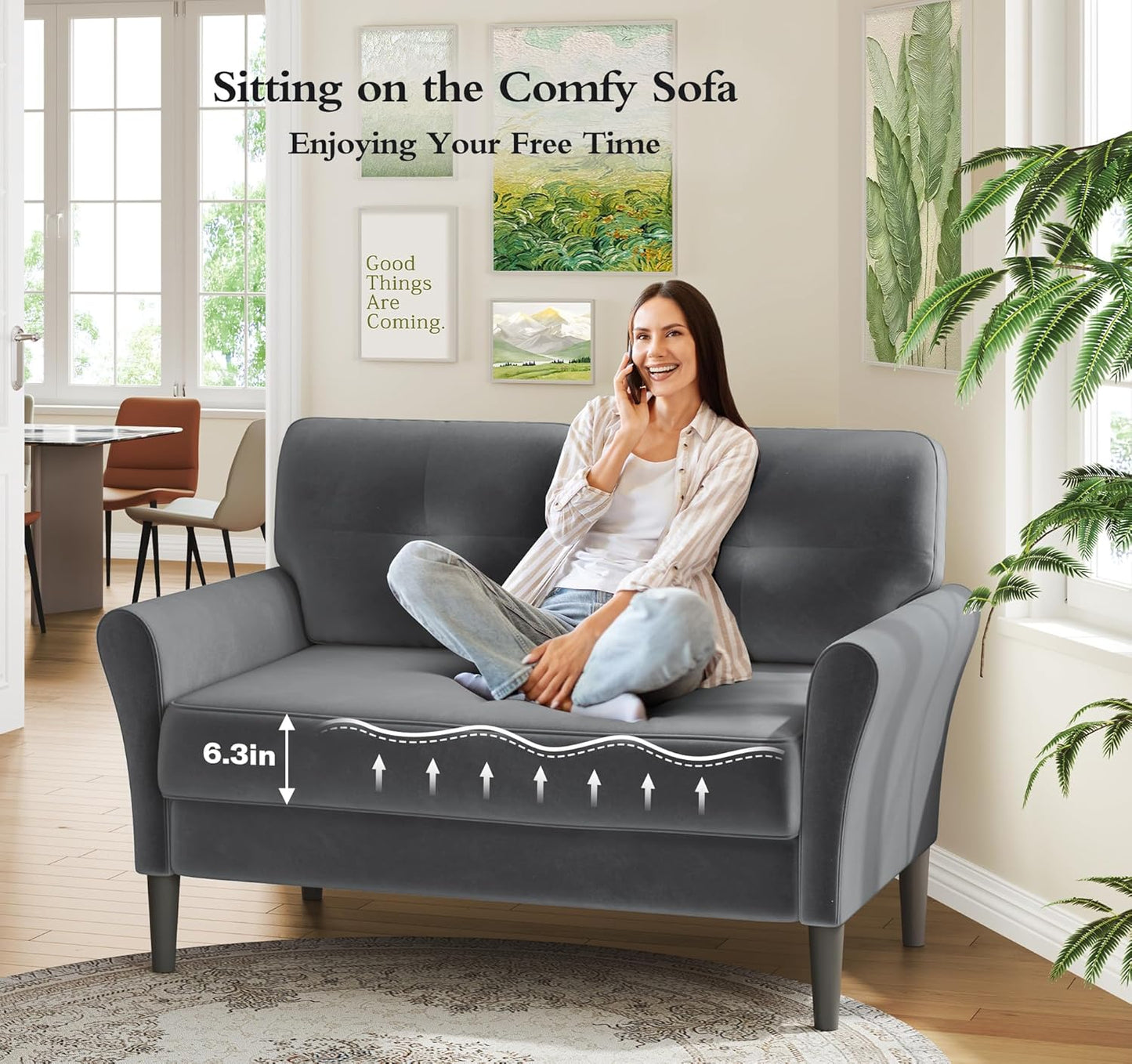 Small Sofa Couch, 48" Loveseat Sofa, Soft Velvet Love Seat Couches, Small Couch for Bedroom with 21" Deep Seat, Comfy Couches for Living Room, Tool-Free Setup Sofas for Living Room, Grey