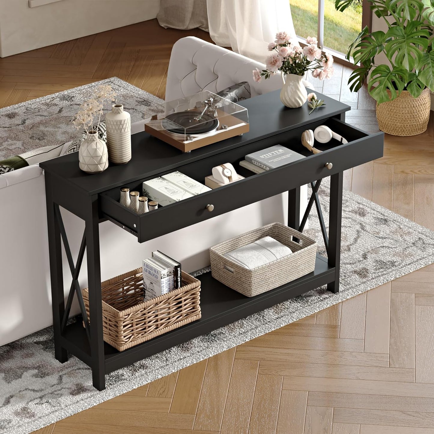 Treocho 47" Farmhouse Console Table with Drawer and Storage Shelves, Foyer Sofa Table Narrow for Entryway, Living Room, Hallway, Black