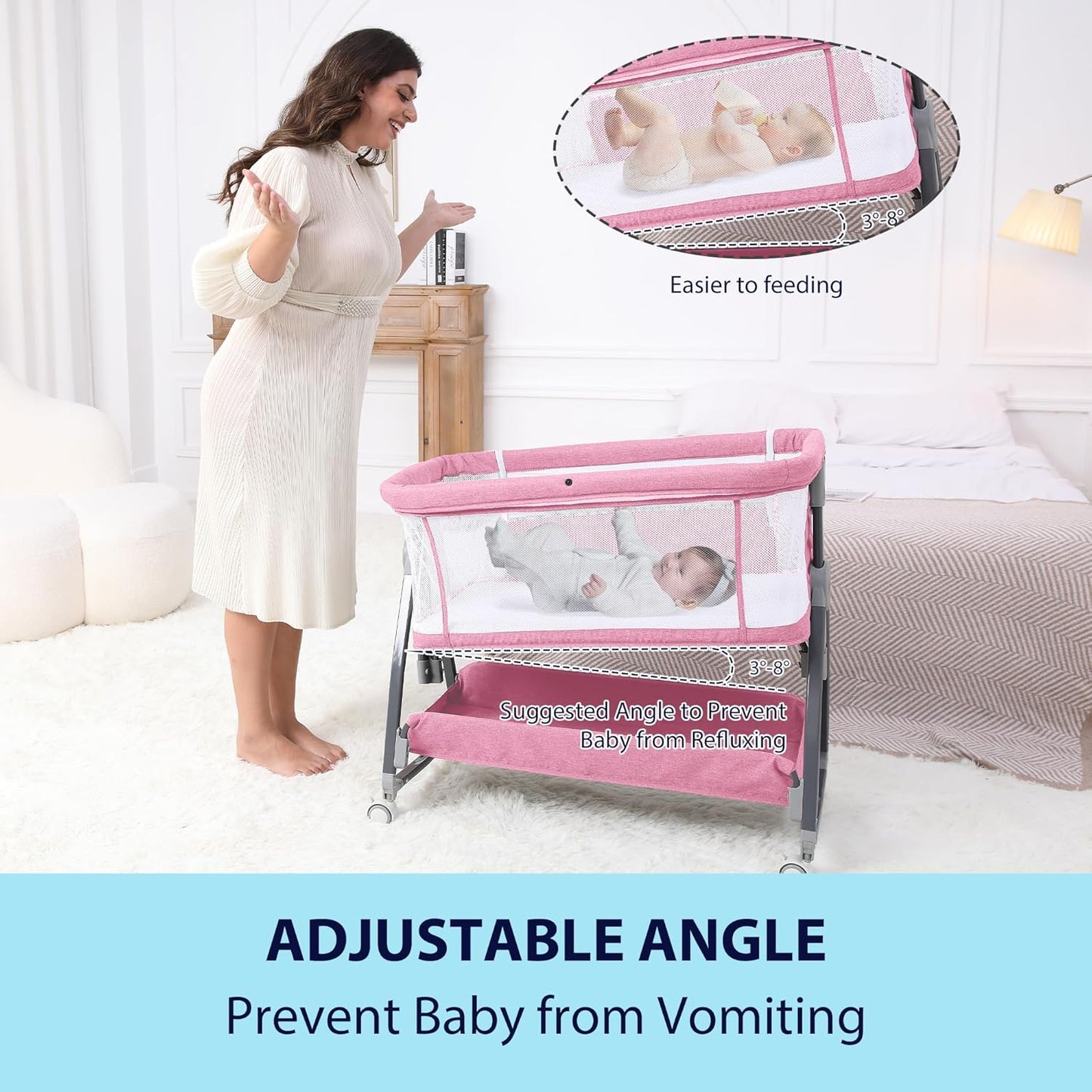 Baby Bassinet Bedside Sleeper, 3 in 1 Rocking Bassinet for Baby, Arms Reach Co Sleeper Bassinet with Wheels, Adjustable Height, Storage, Mattress & Canopy (Pink)