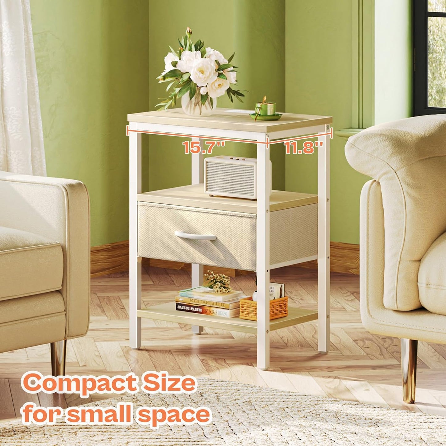 SUPERJARE Nightstand with Charging Station, Bed Side Table with Adjustable Fabric Drawer, Night Stand for Bedroom, 3-Tier Storage End Table, for Living Room, White Maple