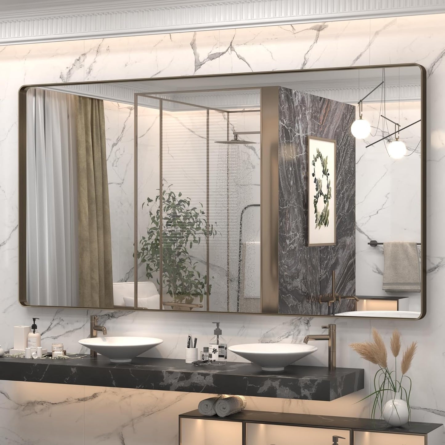 66x36 Inch Bronze Bathroom Mirror, Brushed Bronze Metal Frame Mirrors for Wall, Rounded Rectangle Bronze Mirror for Vanity,Farmhouse, Bedroom, Anti-Rust (Horizontal/Vertical)