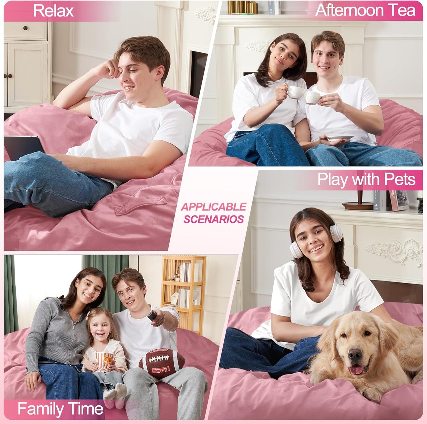 Homguava 5 FT Bean Bag Chair: 5' Bean Bags with Memory Foam Filled, Large Beanbag Chairs Soft Sofa with Dutch Velvet Cover-Dusty Pink