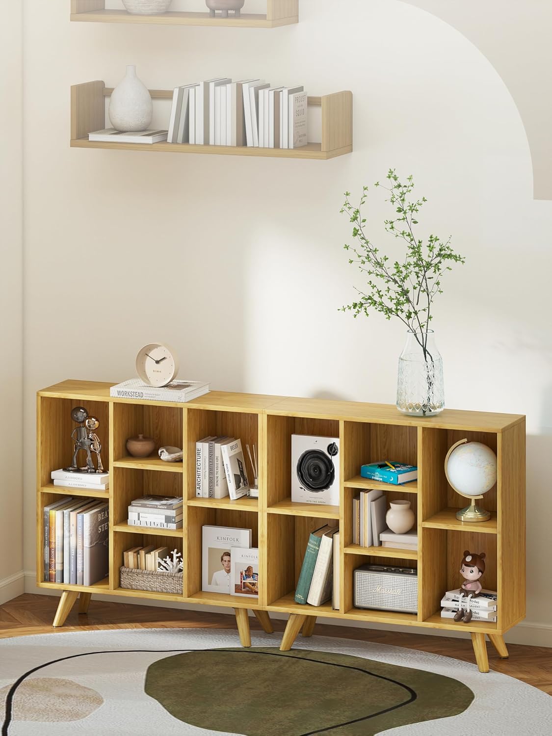 Manora Bookshelf with 7 Open Storage Cubes, Wooden Bookcase Organizer, Rustic Modern Display Shelf for Living Room, Bedroom, Office