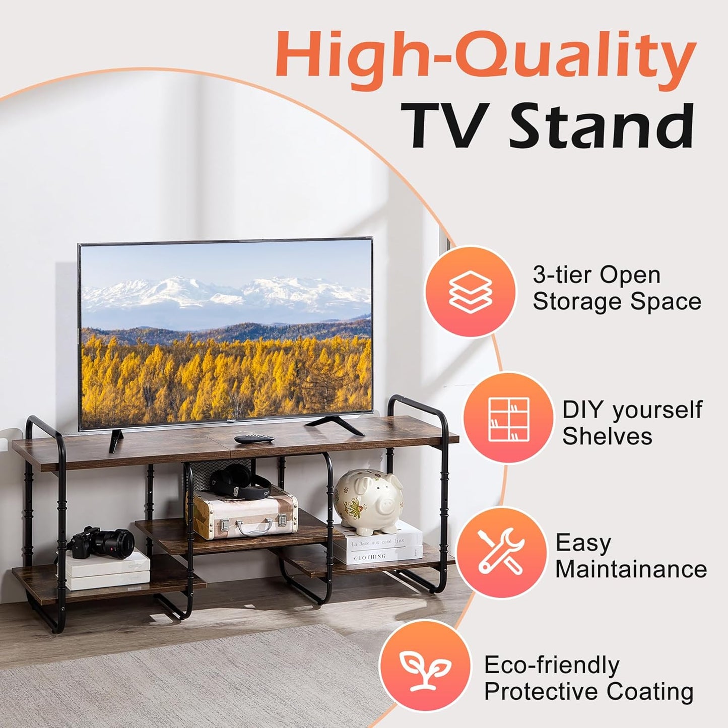 VECELO TV Stands up to 55 Inch,Entertainment Center/Media Console Table with Adjustable Storage Shelves for Living Room/Bedroom,