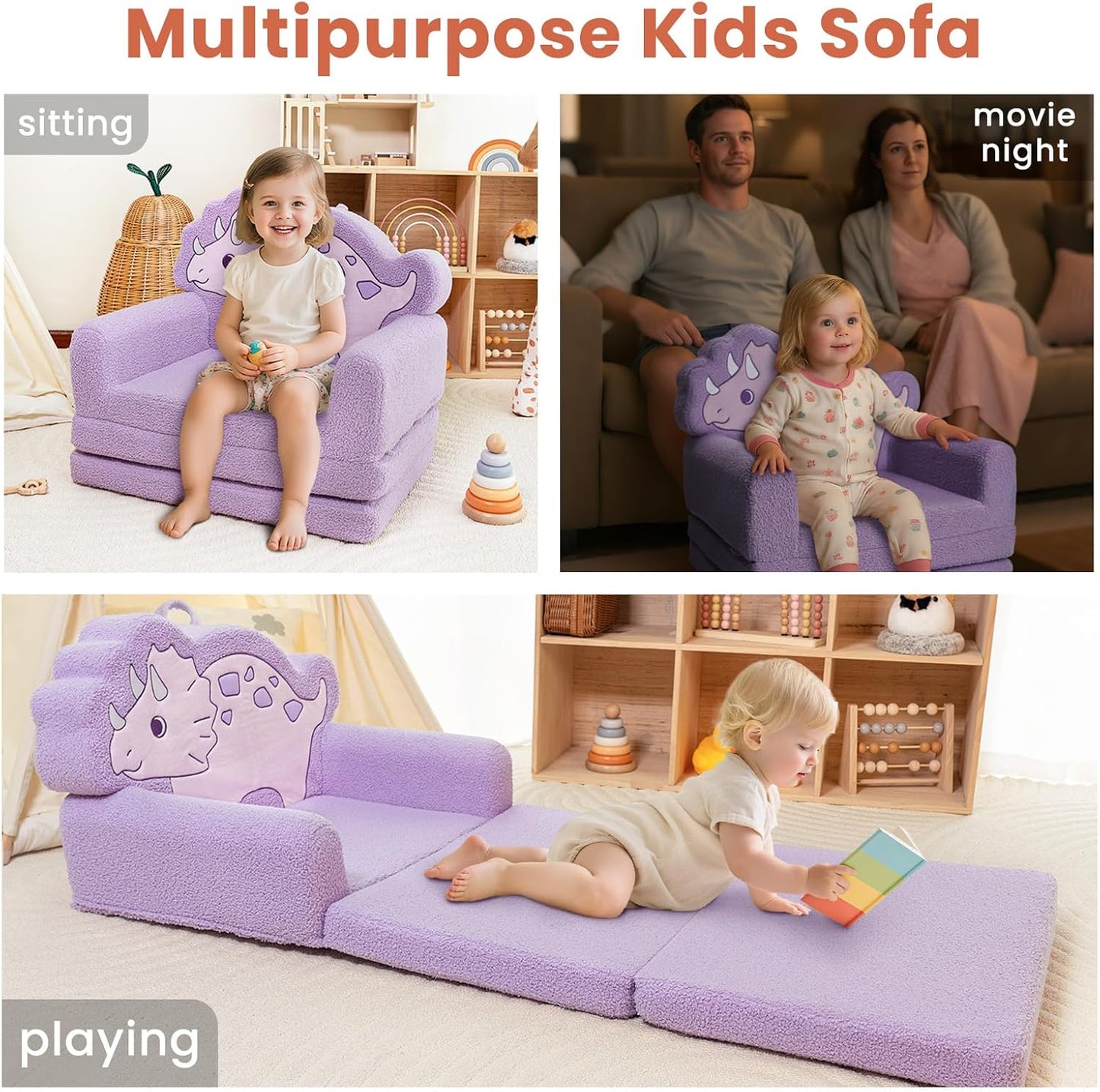 TinyPalsa Kids Couch, Convertible Sofa to Lounger Fold Out, Purple Dinosaur Design Chair for Toddlers 1-3, Gift for Movie Night, Camping, and Napping