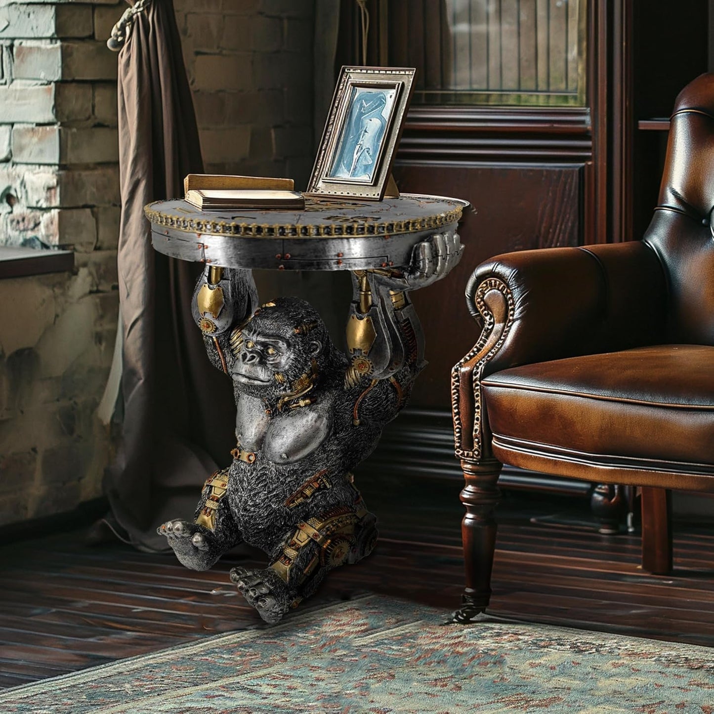 Steampunk Gorilla Side Table Pedestal End Table Stool Resin Cyborg Monkey Sci-fi Statue Sculpture Hand Painted Collectible Figurine with Cool Gear for Home Man Cave Decor Silver