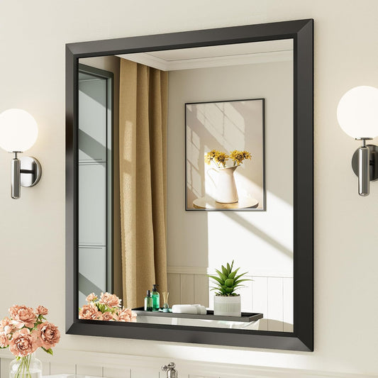36x32 Inch Black Bathroom Mirror for Wall, Thick Metal Framed Rectangle Mirrors for Over Sink, Bedroom, Living Room, Entryway, Anti-Rust, HD Tempered Glass