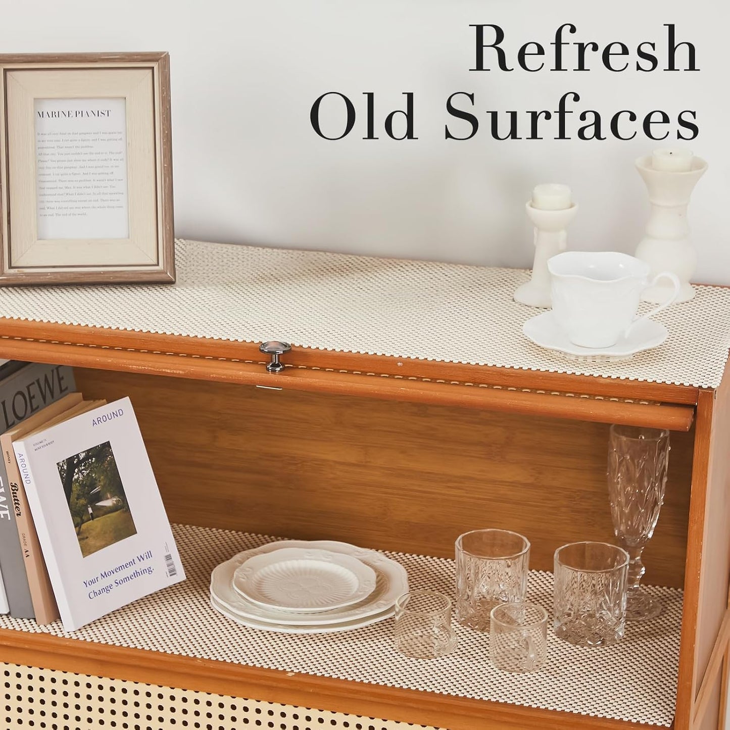 Beautysaid Shelf and Drawer Liner for Kitchen Cabinet, Non Adhesive Non Slip Shelf Paper Thickened for Dresser Pantry Shelve Bathroom Protector Liner Breathable Mat(Cream White Weave,23.6 in x 10 FT)