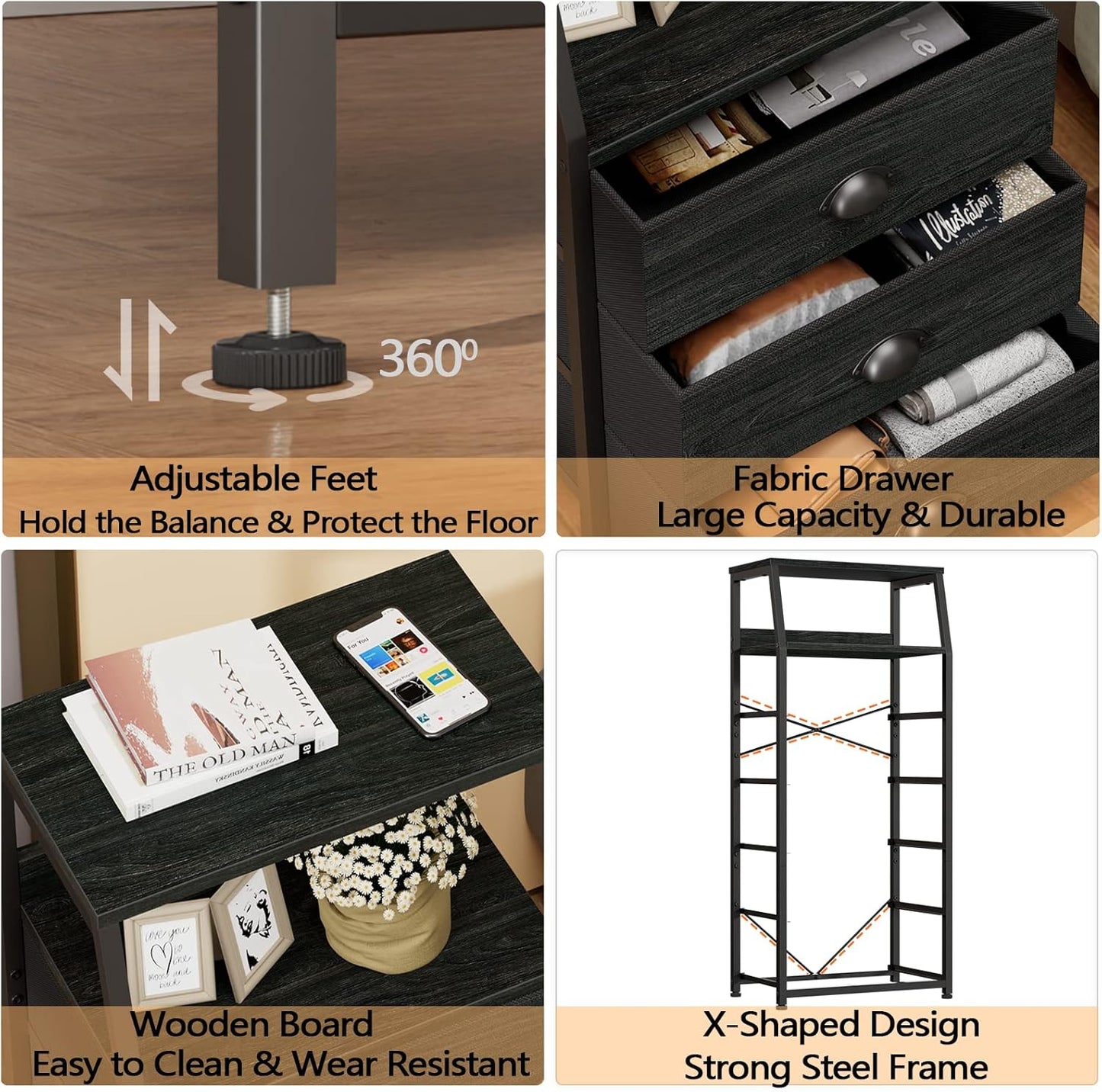 Furnulem Black Dresser with 5 Drawers, Vertical Storage Tower Fabric Dresser for Bedroom, Hallway, Entryway, Nursery, Closet Organizer, Nightstand Bedside Table Furniture, Sturdy Steel Frame, Wood Top