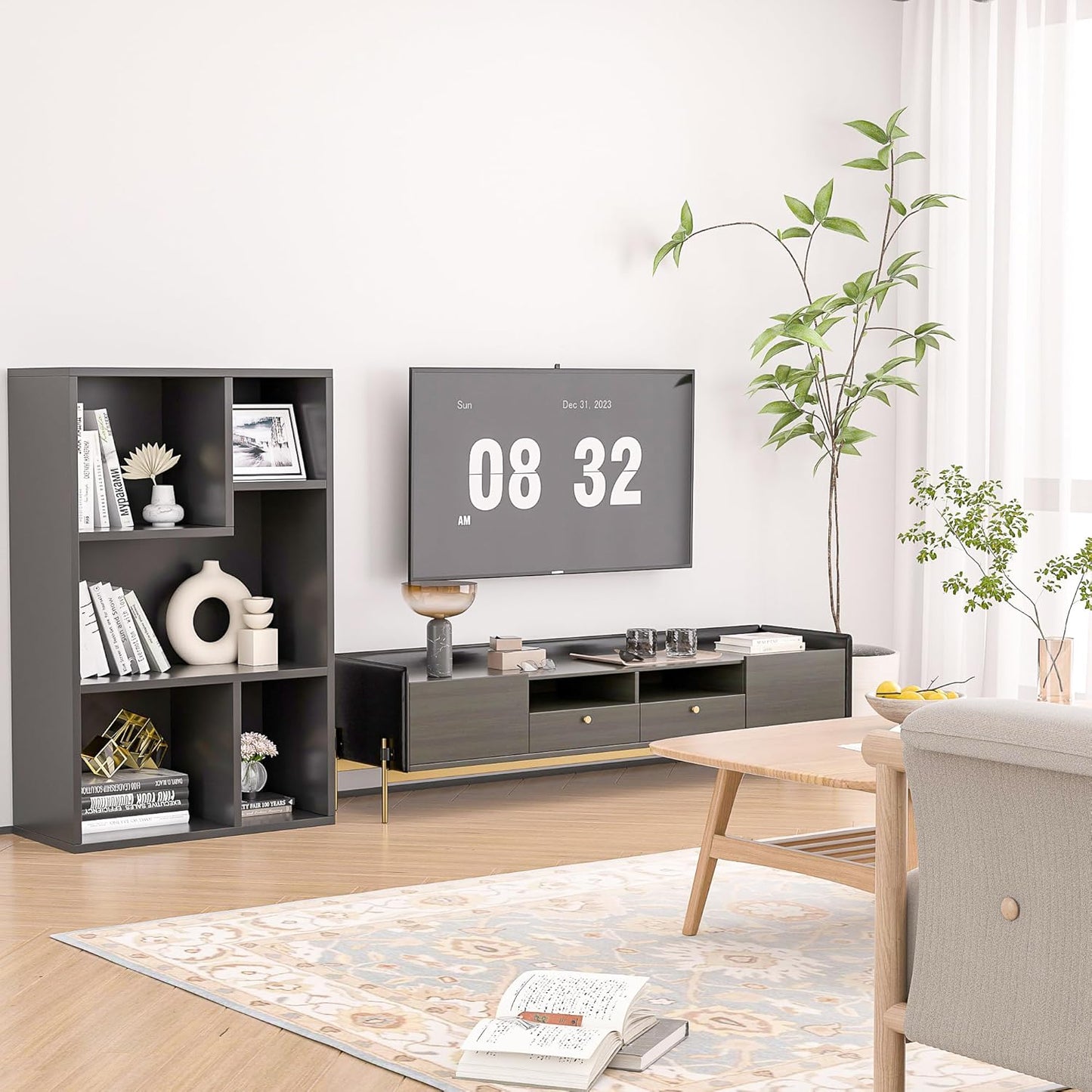 VECELO Modern Bookshelf, 5 Cube Shelf, Fits Tallest Hardcovers, Horizontal Available, Storage Organzier for Home Office, Matte Black