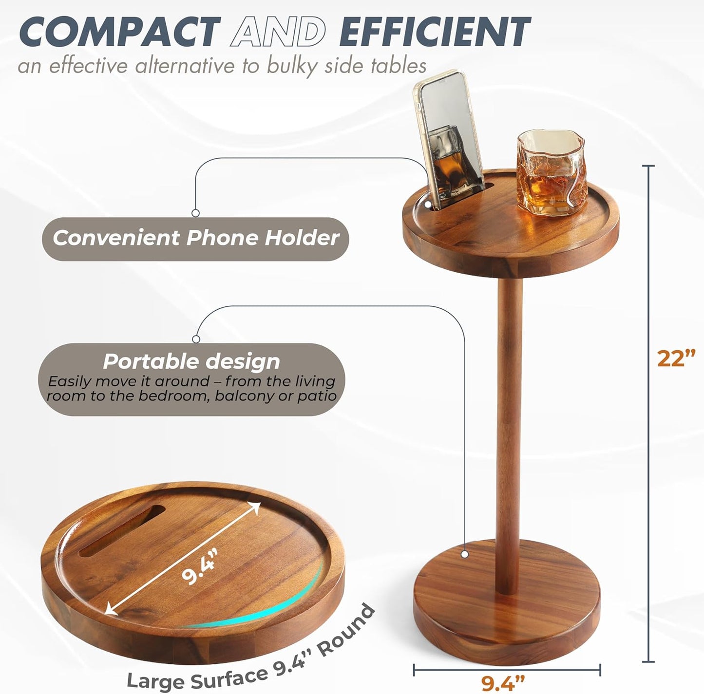 Pedestal Side Table, Acacia Drink Table with Weighted Base, Small Round Side Table for Small Spaces with Phone Holder, Martini & Cocktail Pedestal End Table for Living Room, RVs, Home Office