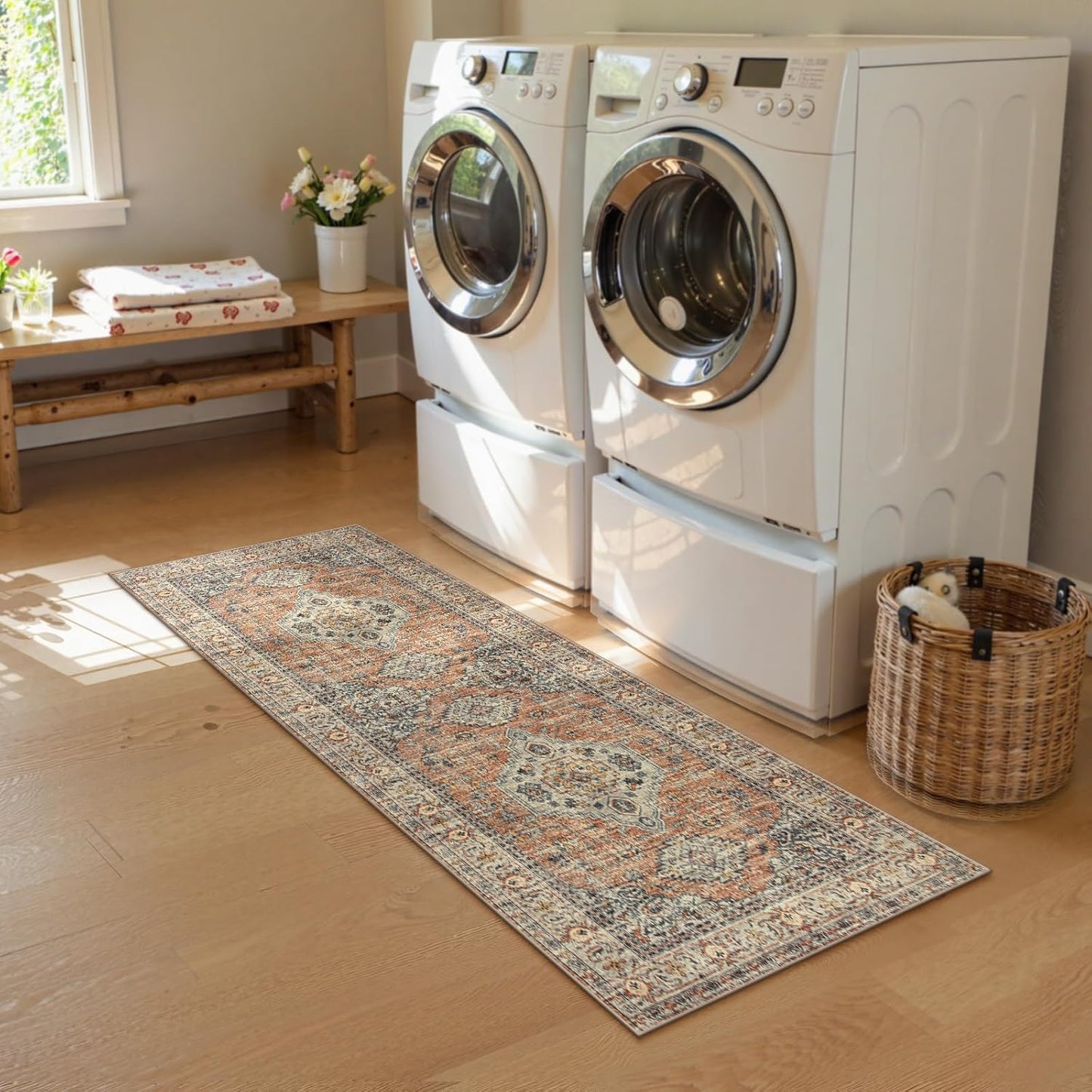 Lahome Oriental Washable Runner Rug, 2x6 Runner Rugs for Hallway Kitchen, Ultra-Thin Distressed Vintage Soft Long Carpet for Bathroom Bedroom Laundry Room, Peach/Orange