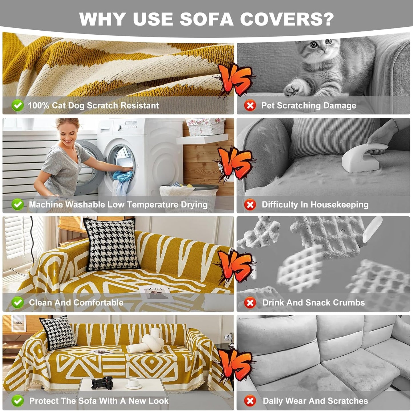 STACYPIK Boho Ginger Yellow Couch Cover, Reversible Sofa Cover L Shaped, Pets Protector for 2 Cushion Couch, Anti Slip Loveseat Sofa Cover Pet Friendly, Washable Jacquard Couch Cover Blankets-71X118IN