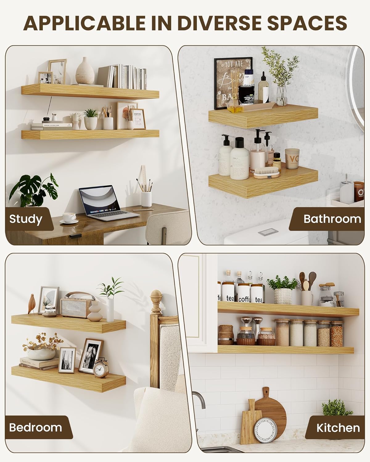 Marsmiles 48" Floating Shelves for Wall, Wooden Shelves with Invisible Brackets Set of 2, Rustic Farmhouse Wall Mounted Shelf for Kitchen Bathroom Living Room Study, Natural Oak