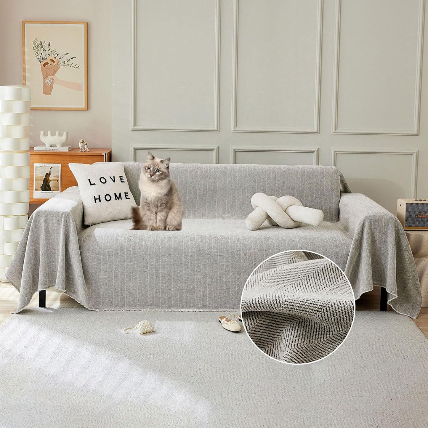 STACYPIK Silver Gray Sofa Cover for Dogs, Herringbone Couch Cover for Sectional, Pets Protector for 3 Cushion Couch, Washable Anti-Slip Loveseat Cushion Cover with Tassel, Multi-Use Blankets-71X134IN