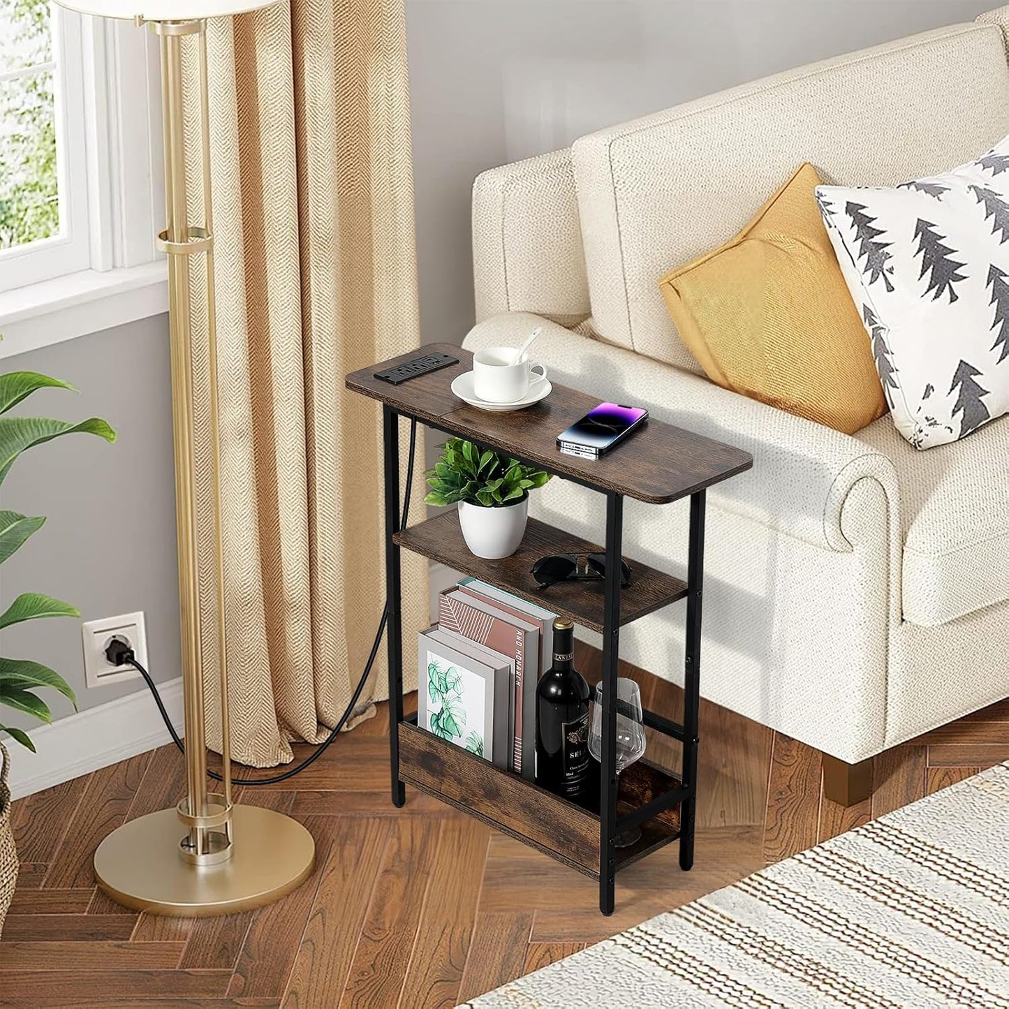 Narrow Side Table with USB-C Charging Station, 3-Tier Slim End Table with Magazine Holder, Modern Side Table for Couch or Small Spaces, Skinny Nightstand for Living Room or Bedroom