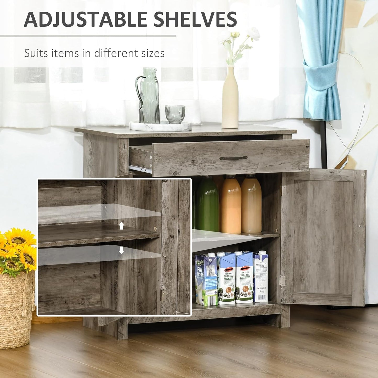 HOMCOM Farmhouse Sideboard Buffet Cabinet, Barn Door Coffee Bar Cabinet with Drawer and Adjustable Shelf, for Living Room, Entryway, Gray