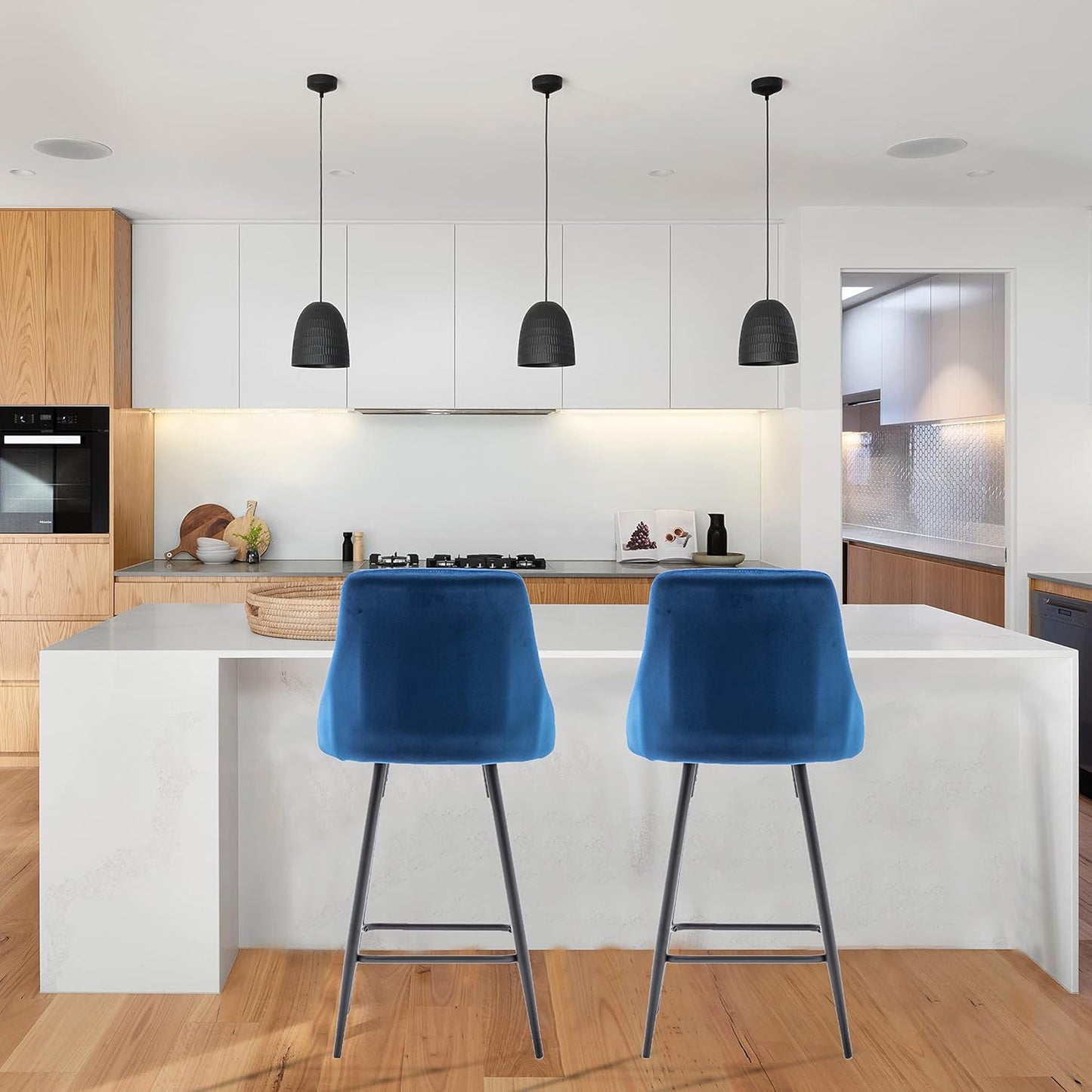 BTEXPERT Set of 2,Premium upholstered Dining 25" Seat Height, High Back Count Stool Bar Chairs, Pack Blue Velvet barstools