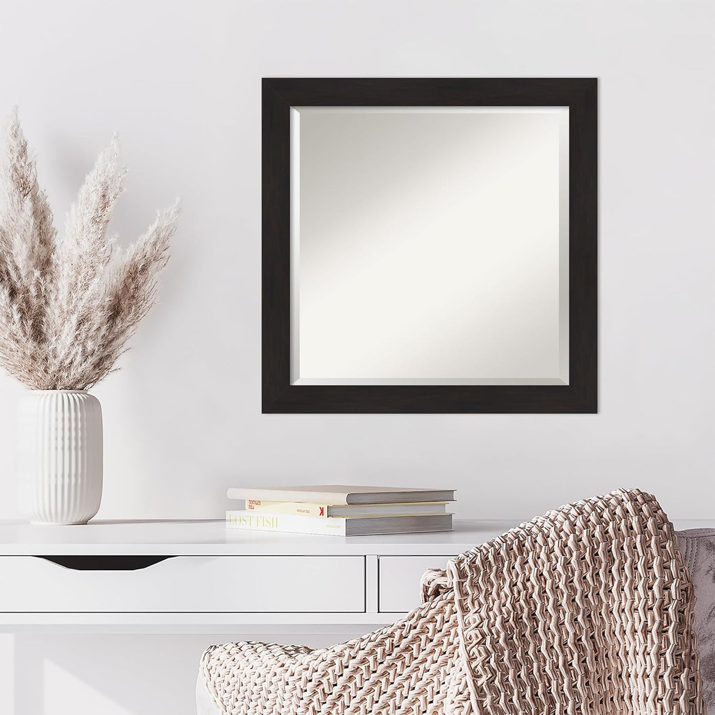 Amanti Art Brown Wall Mirror 24x24 Furniture Espresso Narrow Square Bathroom Mirror for Wall Decor Living Room, Medium Casual Frame, Hangs Horizonally and Vertically, Bathroom Decor, Beveled Edge