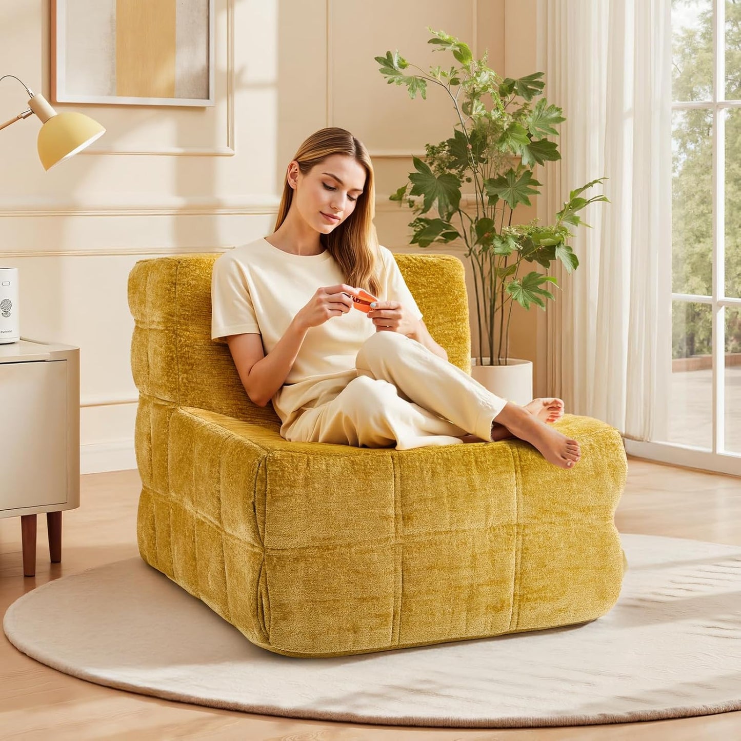Bean Bag Chair, Soft Chenille Pre-Filled Lazy Chair Floor Sofa Bean Bag Chair for Adults and Teens, Accent Chair for Living Room Bedroom Apartment (Yellow)