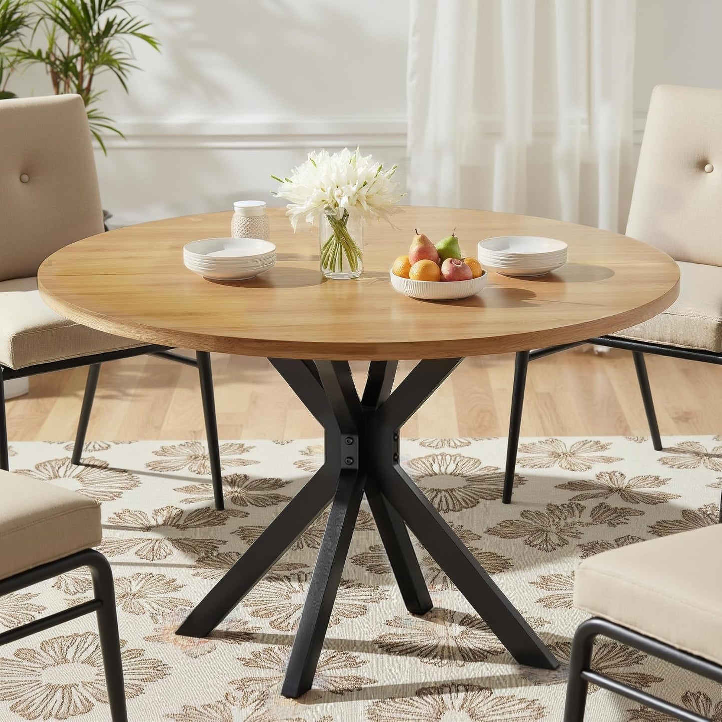 47 Inch Round Dining Table for 4, Modern Round Dinner Table Small Mid Century Dining Room Tables, Leisure Kitchen Tables for Small Space, Kitchen, Living Room, Steel Legs, Black & Natural