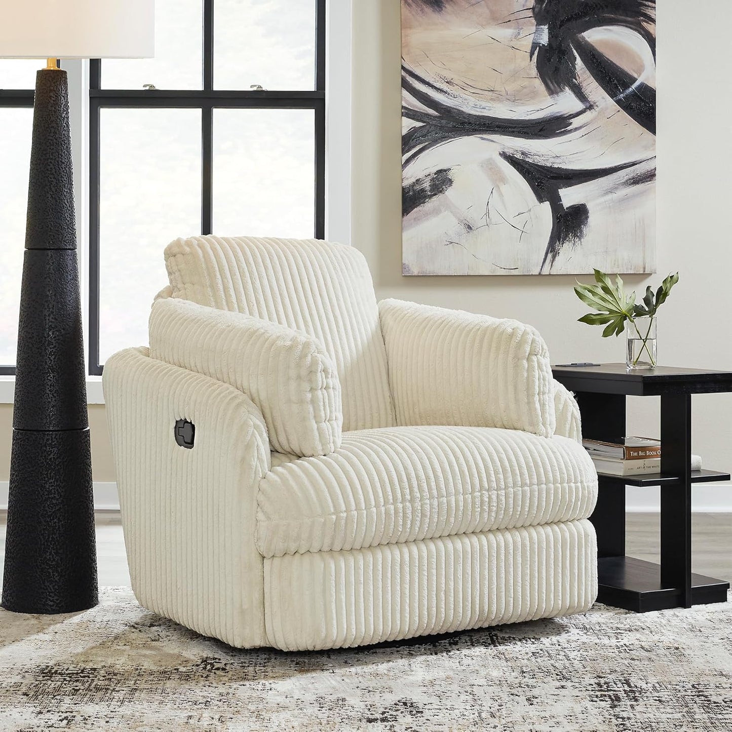 Signature Design by Ashley Tie-Breaker Contemporary Manual Press-Back Swivel Glider Rocker Recliner with 2 Bolster Pillows and Hidden Storage, White