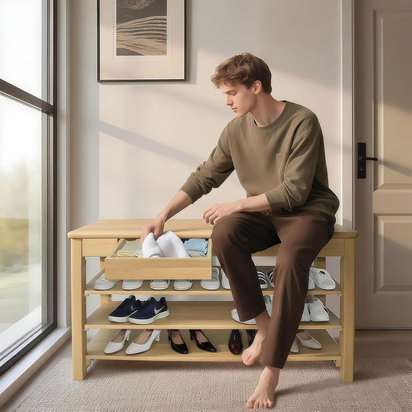 Wood Shoe Bench Entryway with Drawer: 3-Tiers Wooden Storage Shoe Rack with Bench Seat, Compact Mid-Century Modern Design for Entryway,Hallway,Closet,Front Door Entrance,Foyer Natural 39.3"