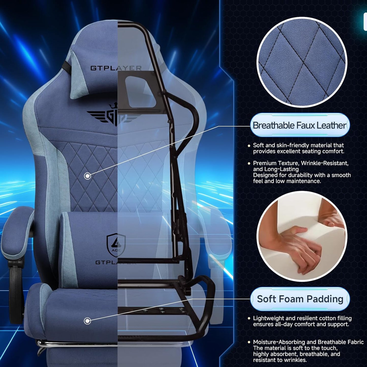 GTPLAYER Gaming Chair, Video Game Chairs with Footrest and Lumbar Support, Computer Chair for Adults with Extended Backrest, Ergonomic Reclining Silla Gamer, Fabric, Dark Blue