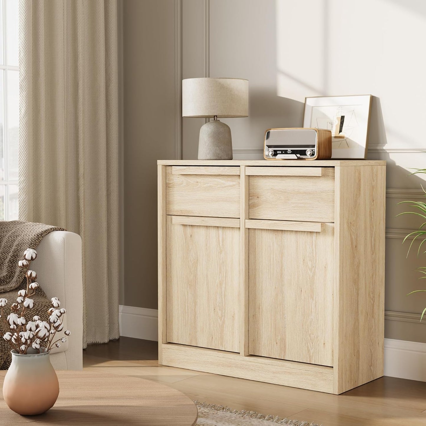 GarveeHome Sideboard Buffet Cabinet with 2 Drawers, 31.5" Large Coffee Cabinet with Storage, Modern Storage Buffet Table for Kitchen Dining Room, Living Room (Pear Wood, 2 Doors & 2 Drawers)