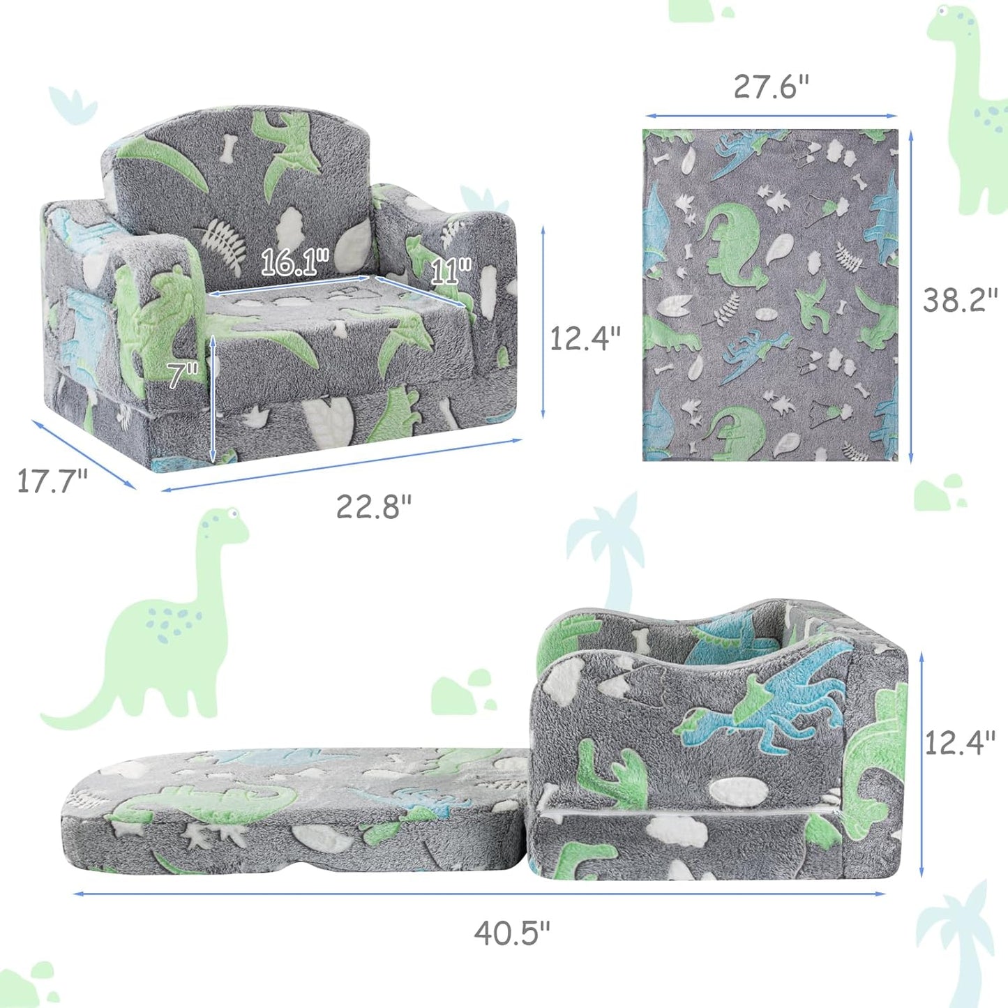 Comfy Toddler Chair and Couch for Kids with Blanket,2-in-1 Soft Plush Fold Out Toddler Couch for Girls and Boys,Convertible Sofa to Lounger for Playroom,Gray Dinosaur