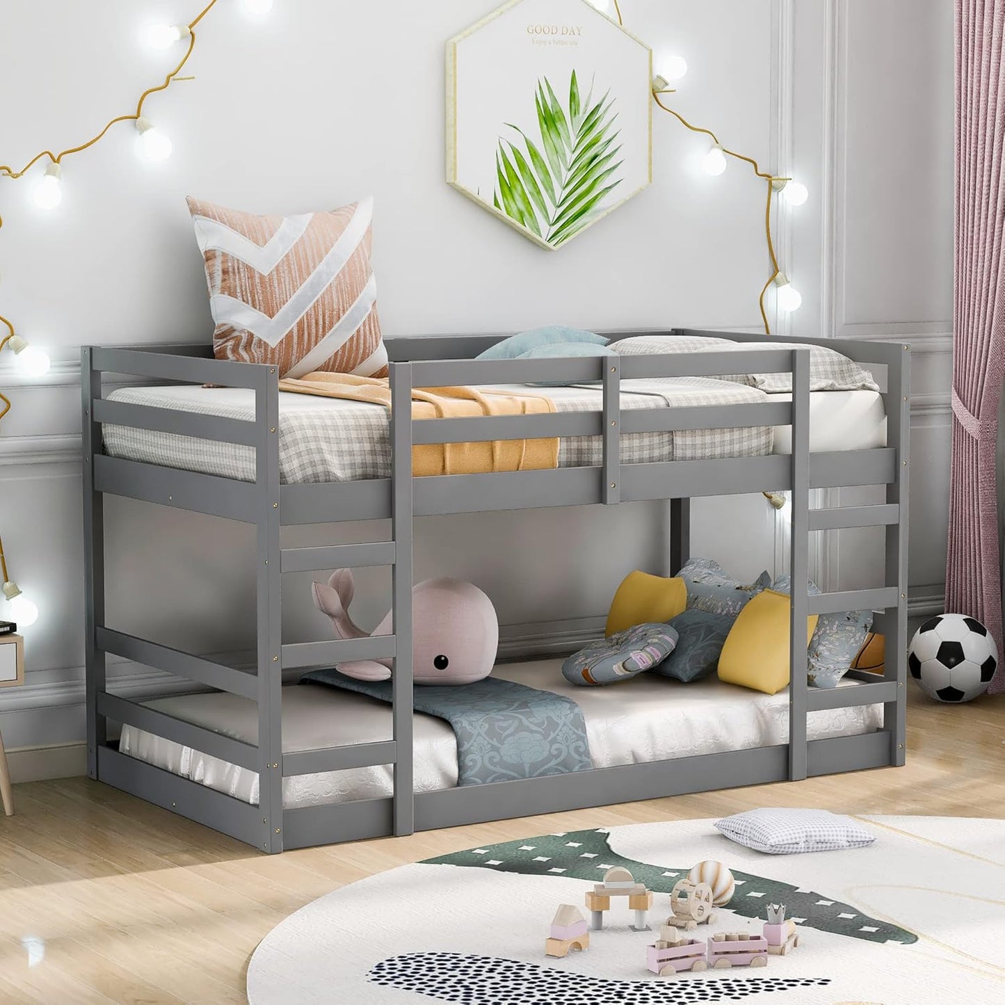 Ball & Cast Twin Over Full Bunk Bed with Two Drawers,Convertible Solid Wood Bed Frame with Ladder & Full Length Guardrails, Detachable Bunk Beds for Kids,Teens,Space Saving, No Box Spring Needed,Grey