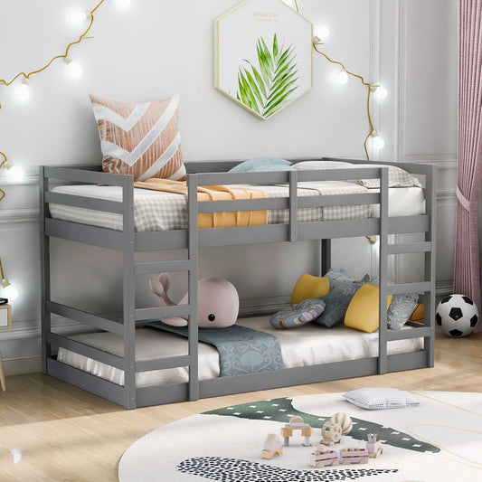 Ball & Cast Twin Over Full Bunk Bed with Two Drawers,Convertible Solid Wood Bed Frame with Ladder & Full Length Guardrails, Detachable Bunk Beds for Kids,Teens,Space Saving, No Box Spring Needed,Grey