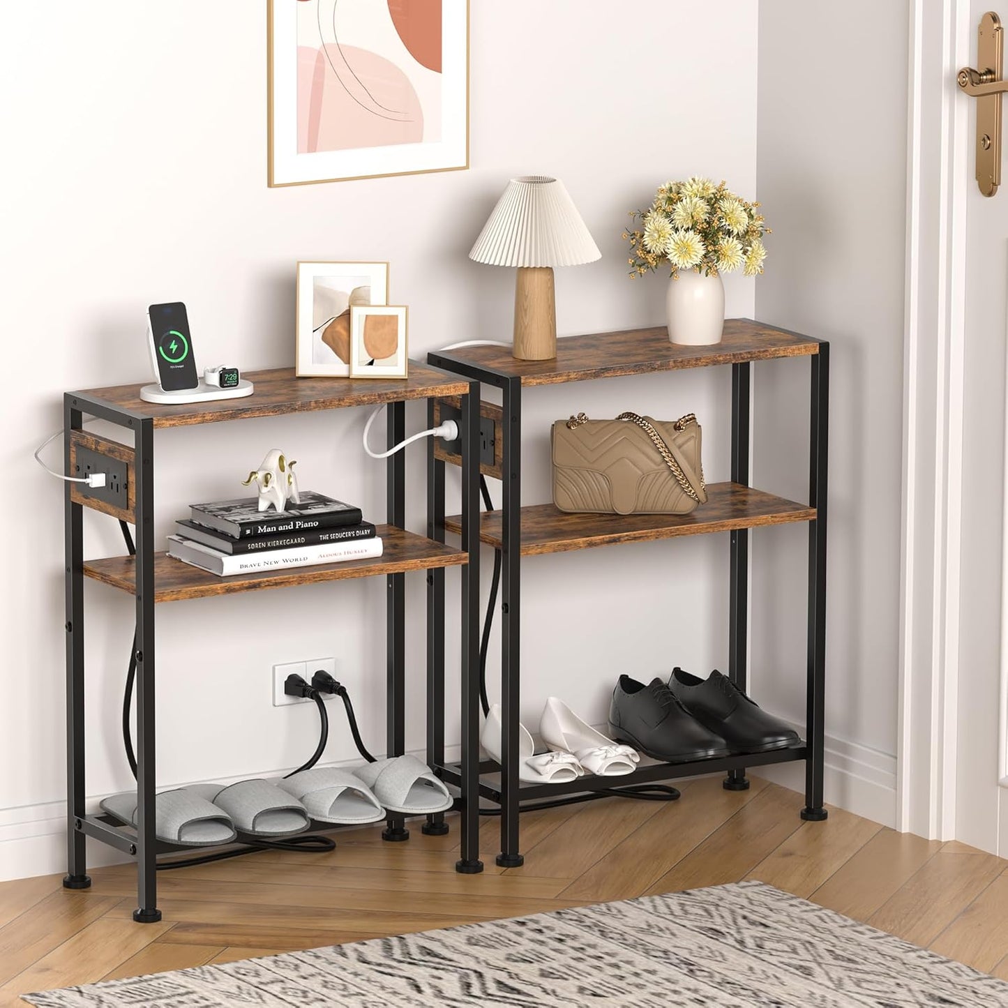 Small Narrow Side Table with Charging Station, Skinny End Table for Small Spaces, Slim Nightstand with Outlets, Sofa Bedside Table in Living Room, Bedroom, Study, Kitchen and Balcony (Rustic Brown)