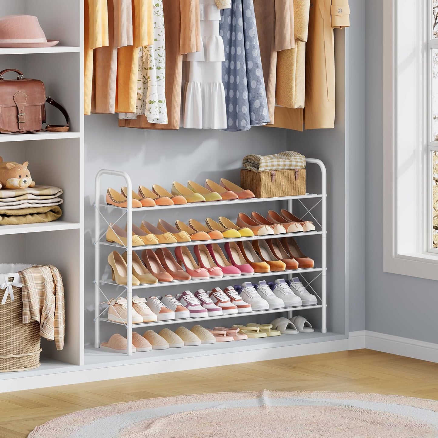 Hoctieon 4 Tier Mesh Style Shoe Rack, Entryway Shoe Shelf, Shoe Storage Organizer, Shoe Rack for Closet, Space Save for Bathroom, Garage, Hallway, Bedroom, Living Room, White