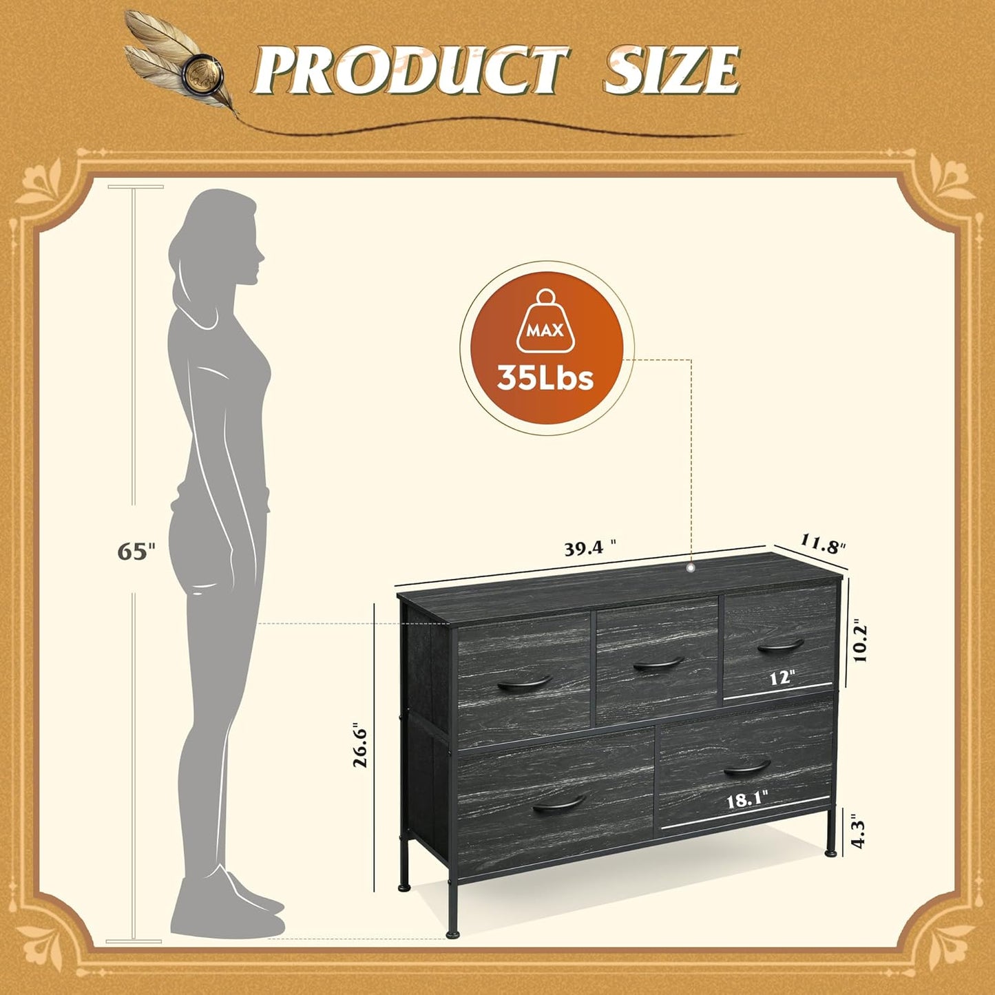WLIVE Dresser for Bedroom with 5 Drawers, Long Storage Dresser, Fabric Dressers, Storage Drawer Unit with Fabric Bins for Closet, Hallway, Charcoal Black Wood Grain Print, Size L