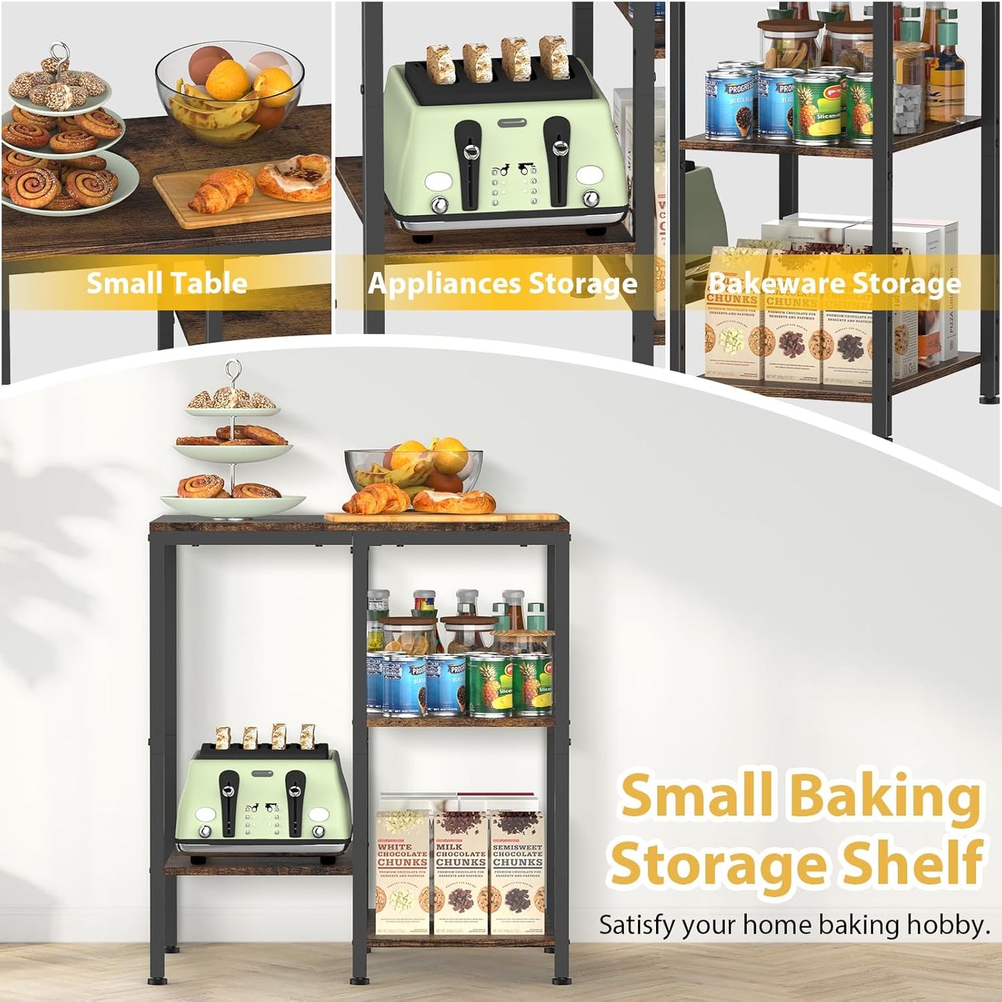 Kitchen Microwave Stand,4-Tier Adjustable Bakers Rack,Multi-Purpose Kitchen Storage Cart for Coffee Station,Space-Saving Metal Appliance Shelf for Living Room,Rustic Brown